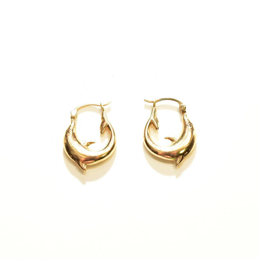 14K yellow gold dolphin hoop earrings, small oval hoops with dolphin design, 21mm size, cute mini gold hoops