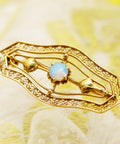Antique 14K Opal Filigree Bar Pin, Ladies Yellow Gold Brooch, Floral Motifs, Open Work Designs, Art Nouveau, 40mm - Good's Vintage