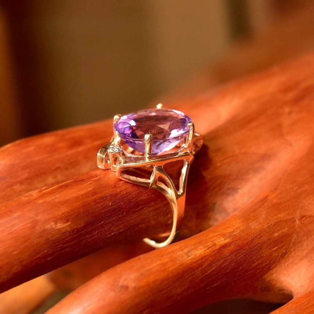 14K Pink Sapphire Cocktail Ring, White Gold Diamond Accents, Simulated Gemstone, Fancy Gold Ring, Size 6 1/4 US