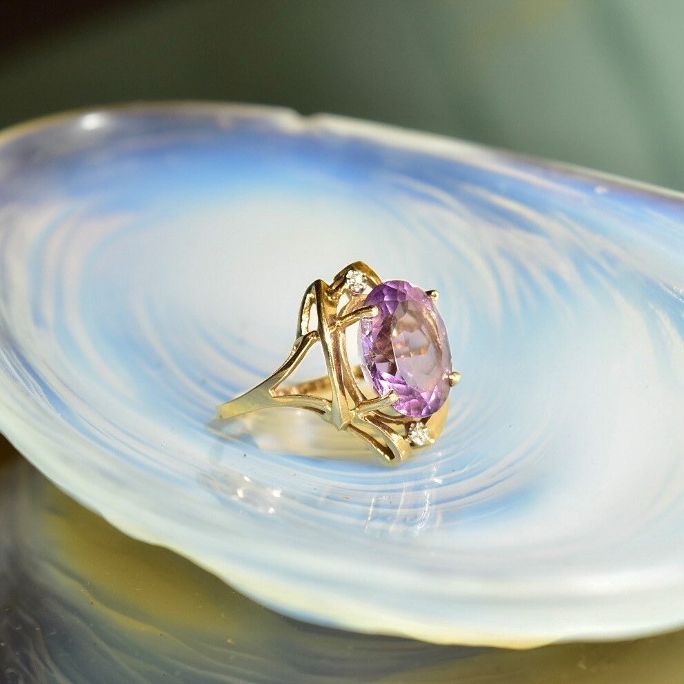 14K Pink Sapphire Cocktail Ring, White Gold Diamond Accents, Simulated Gemstone, Fancy Gold Ring, Size 6 1/4 US
