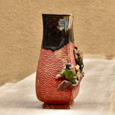 Sumida Gawa Japanese Pottery, Asakusa Pottery, Antique Hand-Carved Fish Scale, Glazed Ceramic Figural Vase, Mushroom Foraging Scene, 8.25" - Good's Vintage