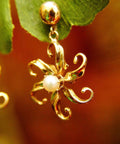 Art Nouveau 14K Pearl Star Flower Earrings, Yellow Gold Drop Studs, Spiral Flower Design, Vintage Jewelry, 1 1/8" L - Good's Vintage