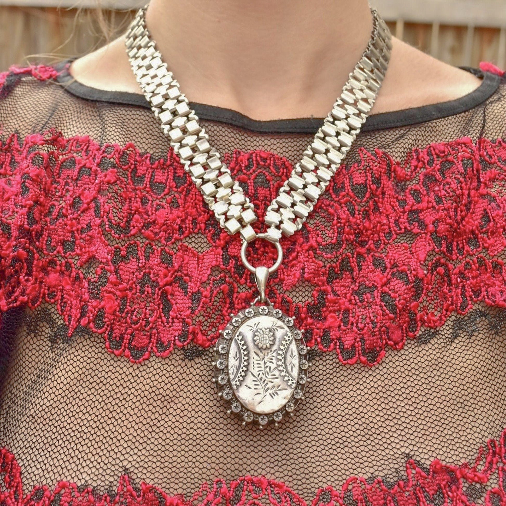 Victorian Sterling Silver Locket Book Chain Collar, Hand-Engraved, Floral Motifs, Birmingham Hallmark, 20" L - Good's Vintage