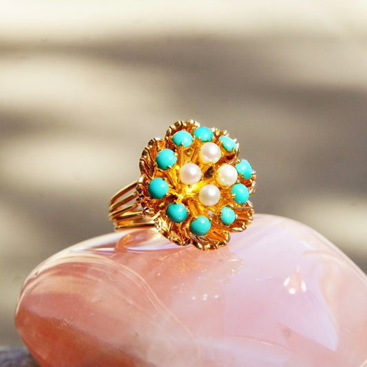 14K Turquoise Seed Pearl Bombe Ring, Gemstone Flower Cluster Cocktail Ring, Size 6 3/4 US