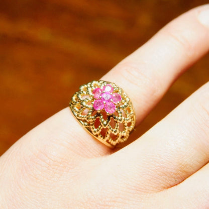 14K Pink Sapphire Bombe Ring In Yellow Gold, Woven Openwork Dome, Vintage Cocktail Ring, Estate Jewelry, Size 6 US
