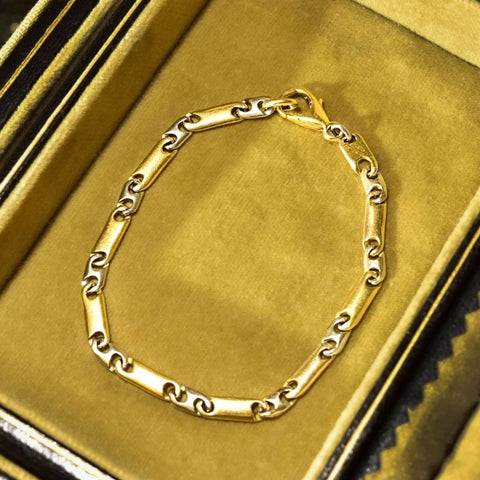 18K Gucci-Style Link Bracelet, Two-Tone Solid White & Yellow Gold Chain Bracelet, Estate Jewelry, 7 1/2"