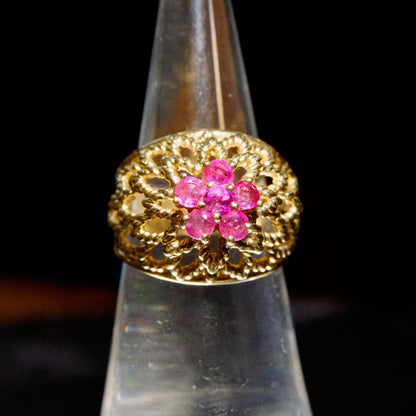 14K Pink Sapphire Bombe Ring In Yellow Gold, Woven Openwork Dome, Vintage Cocktail Ring, Estate Jewelry, Size 6 US