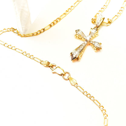 14K gold diamond pave gothic cross pendant necklace with two-tone diamond cut Figaro chain, vintage religious jewelry, 16 inches long