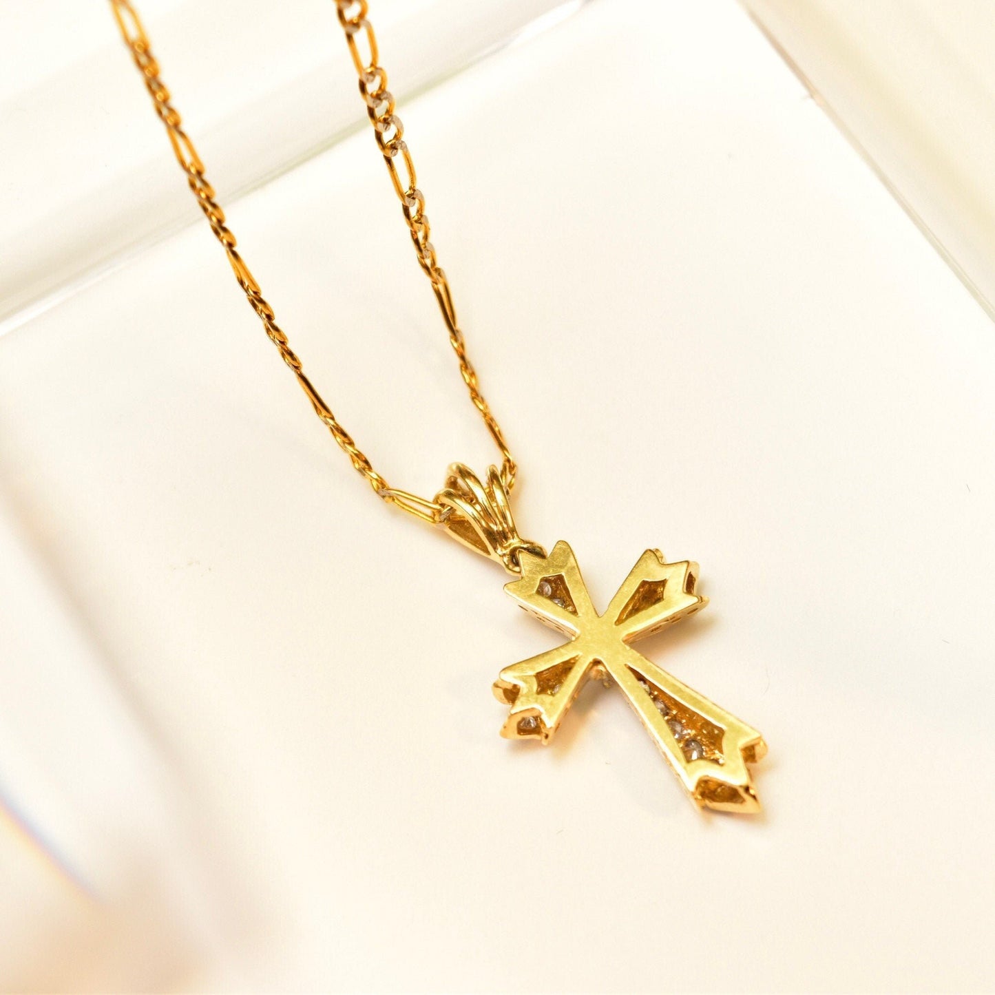 14K gold diamond pave gothic cross pendant necklace on two-tone diamond cut figaro chain, vintage religious jewelry