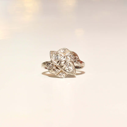 Elegant Two-Diamond Cocktail Ring In 14K White Gold, Textured Stamped Design, .30 TCW, Estate Jewelry, 4 1/2 US - Good's Vintage