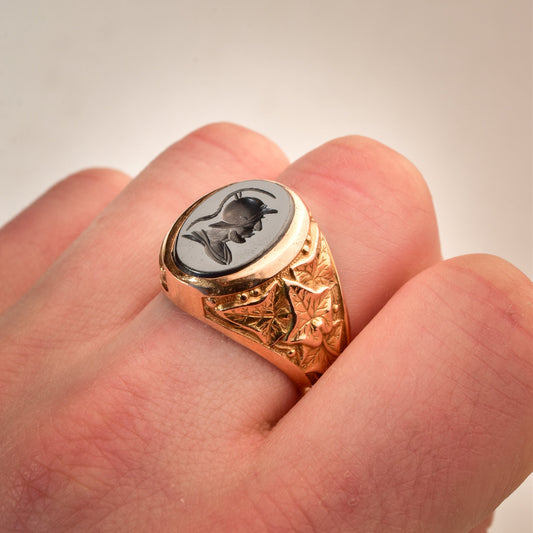 Men's 18K Hematite Intaglio Signet Ring, Gladiator Cameo Ring, Yellow Gold Leaf Motifs, Estate Jewelry, 9 US - Good's Vintage