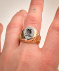 Men's 18K Hematite Intaglio Signet Ring, Gladiator Cameo Ring, Yellow Gold Leaf Motifs, Estate Jewelry, 9 US - Good's Vintage