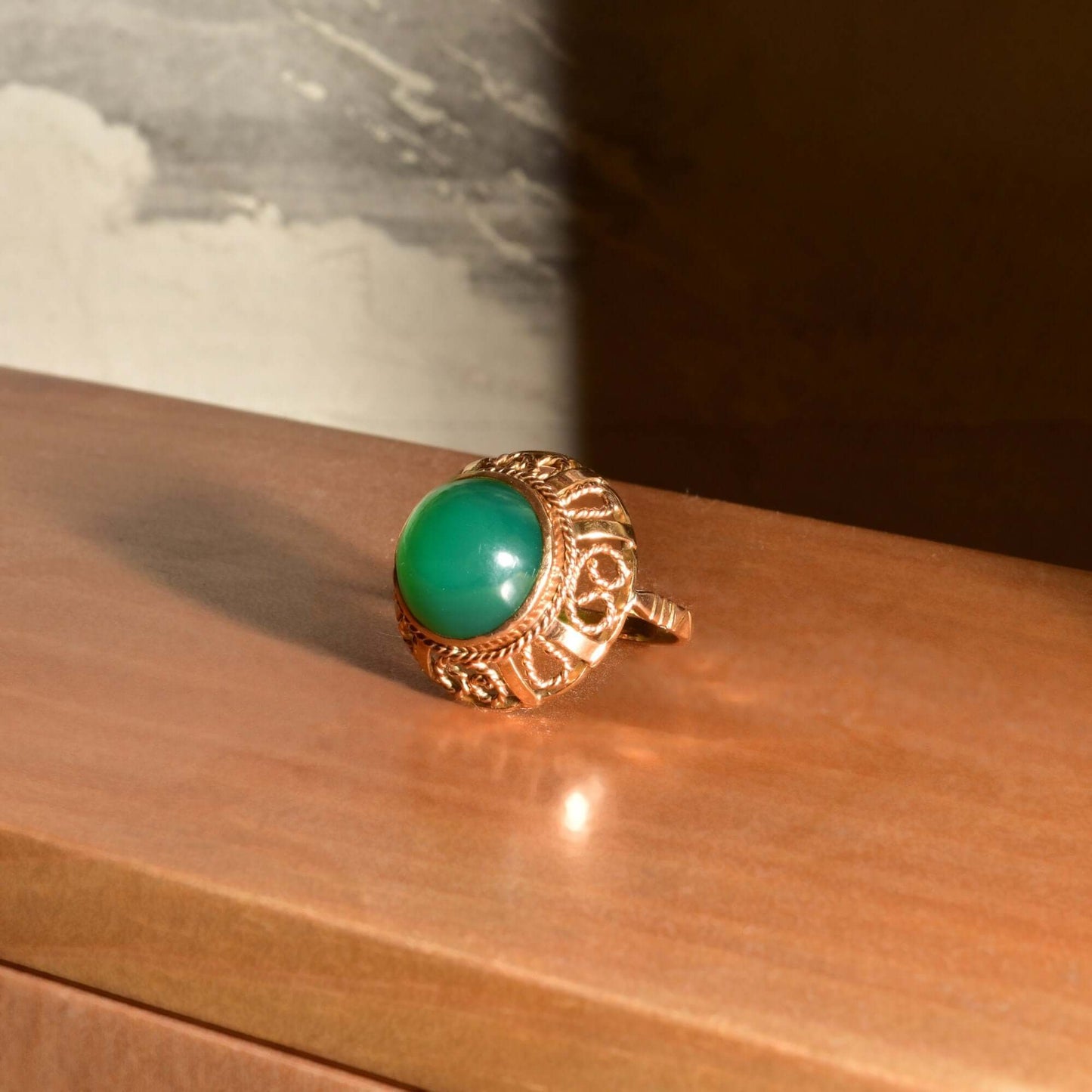 Chrysoprase Bombe Ring In 14K Yellow Gold, Ornate Filigree Designs, Vintage Cocktail Ring, Size 7 US