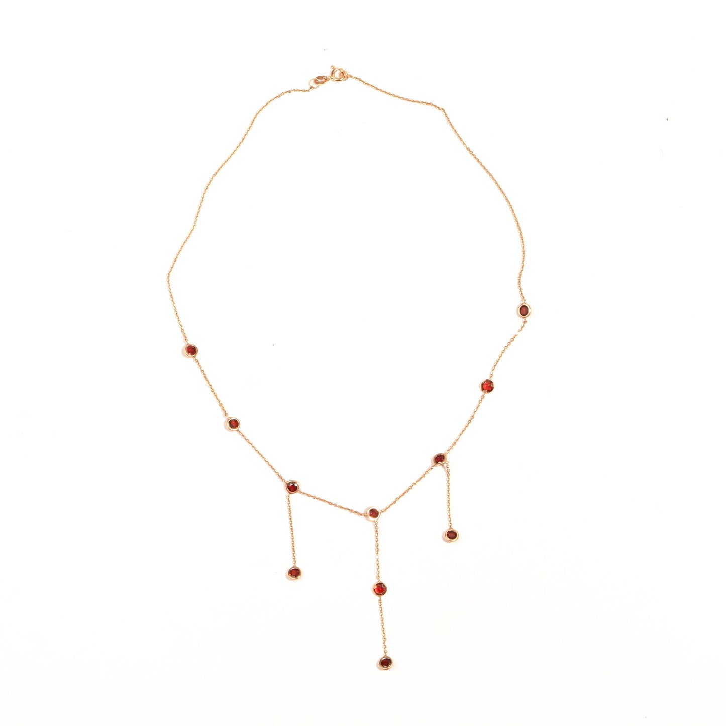 Elegant 14K gold garnet station choker necklace with three tassels and minimalist bezel-set drops, 16 inches long, perfect ladies gold chain accessory.