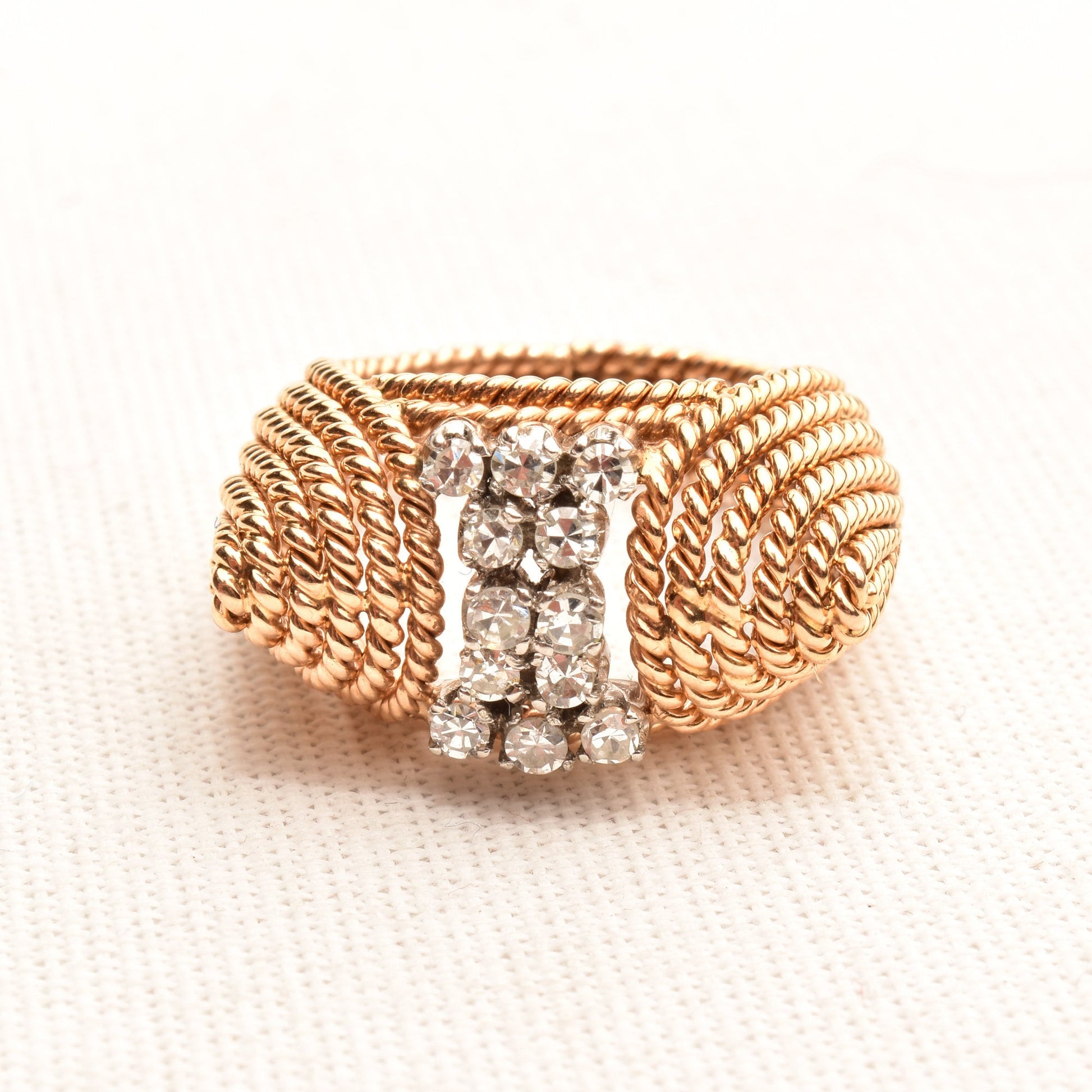 Modernist 18K Diamond Cluster Cocktail Ring, Woven Yellow Gold Dome Ring, Estate Jewelry, 5 1/4 US - Good's Vintage