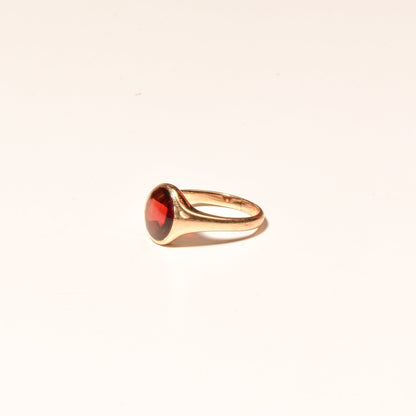 14K yellow gold signet ring with round cabochon garnet gemstone, sleek minimalist design, men's pinky ring size 7 US