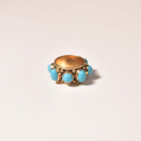 Etruscan-Style 14K Turquoise Cabochon Cigar Band Ring, Statement Ring, Estate Jewelry, Size 6 3/4 US
