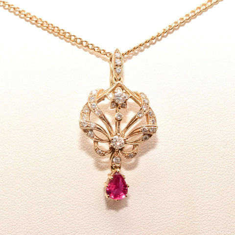 Diamond Cluster Ruby Lavaliere Pendant Necklace In 14K Yellow Gold, .60 TCW, Estate Jewelry, 27 3/4" L - Good's Vintage