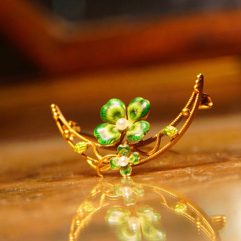 Victorian 14K Gold Enamel Seed Pearl Flower Crescent Pin, Green 4-Leaf Clover, Art Nouveau, Antique Gold Flower Brooch, 30mm x 18mm - Good's Vintage