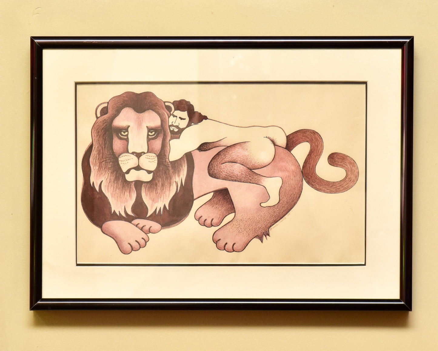 Framed 1988 Nude Man On Maned Lion Drawing/Painting, Unknown Artist, Vintage Erotica Wall Art, 16.75" X 12"