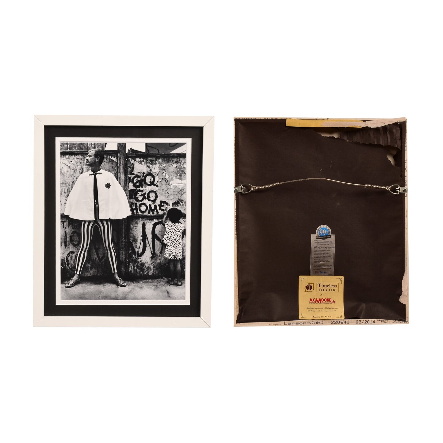 Two vintage black and white art prints in wooden frames on a white background. The first print depicts 1950s retro-style clothing and accessories including dresses, shoes, and hats. The second print shows a weathered rustic backdrop with a glass bottle labeled "Tinctura Rhei Vinosa".