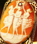 Antique 14K Filigree OEC Diamond Cameo Brooch/Pendant, Three Ladies Scene, Classic Relief Shell Carving, 53mm - Good's Vintage