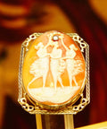 Antique 14K Filigree OEC Diamond Cameo Brooch/Pendant, Three Ladies Scene, Classic Relief Shell Carving, 53mm - Good's Vintage