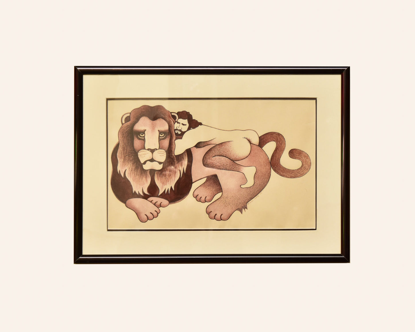 Framed 1988 Nude Man On Maned Lion Drawing/Painting, Unknown Artist, Vintage Erotica Wall Art, 16.75" X 12"
