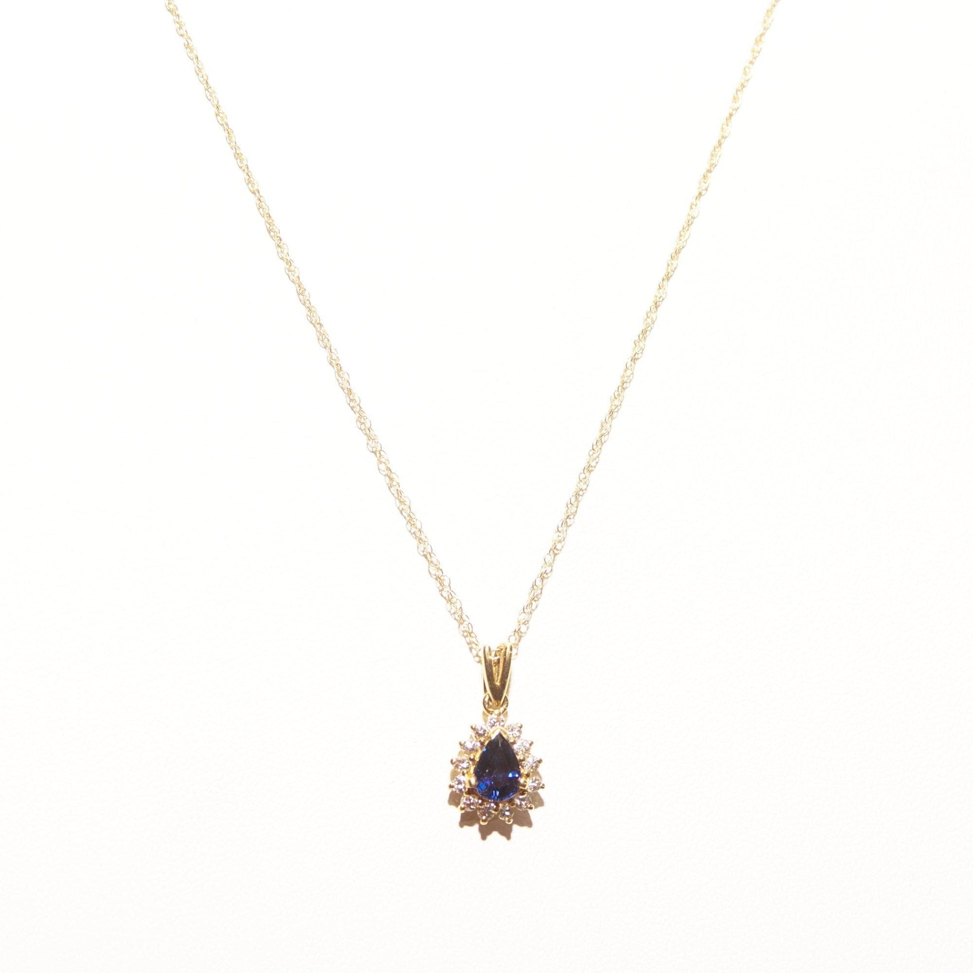 Sapphire Diamond Halo Teardrop Pendant Necklace In 14K Yellow Gold, 1mm Cable Chain, Estate Jewelry, 18 1/2" L - Good's Vintage