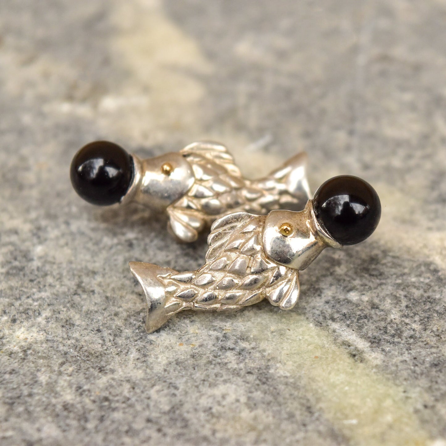 Tiffany & Co. Sterling Silver Onyx Ball Fish Stud Earrings, 18K Gold Accents, Vintage Designer Jewelry, 1 1/4"