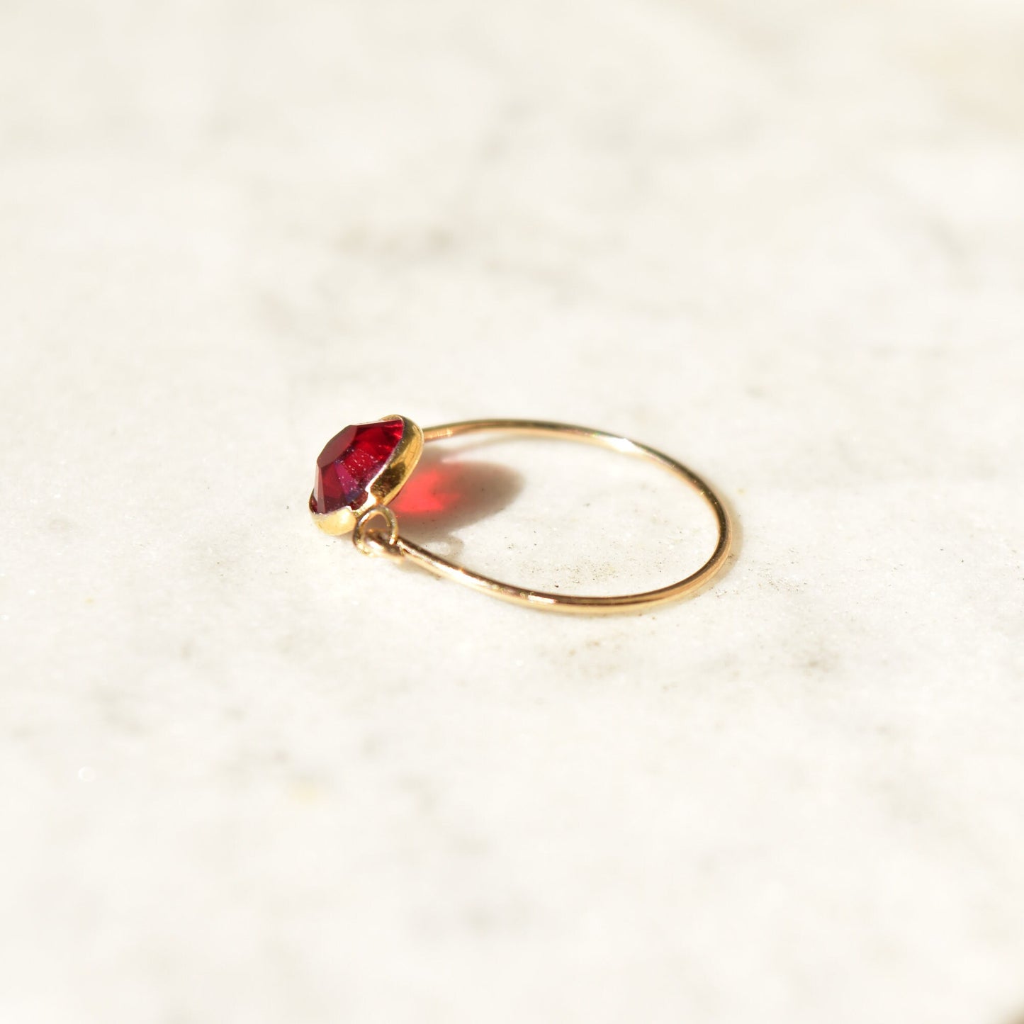 Minimalist 10K Ruby Swivel Ring, Yellow Gold Wire Band, Faceted Red Stone, Stacking Ring, Size 6 1/2 US