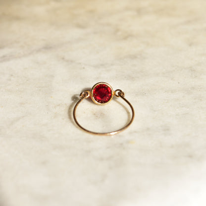 Minimalist 10K Ruby Swivel Ring, Yellow Gold Wire Band, Faceted Red Stone, Stacking Ring, Size 6 1/2 US