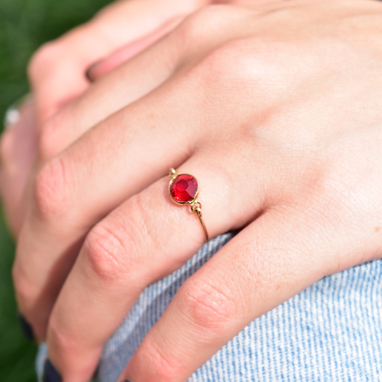 Minimalist 10K Ruby Swivel Ring, Yellow Gold Wire Band, Faceted Red Stone, Stacking Ring, Size 6 1/2 US