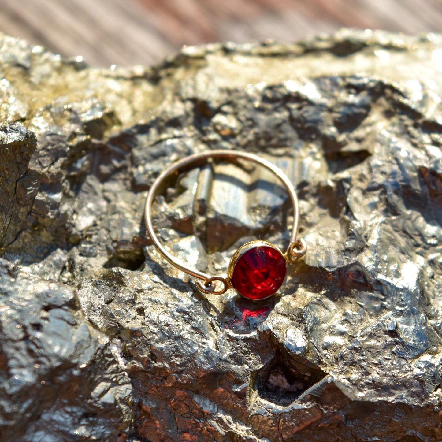 Minimalist 10K Ruby Swivel Ring, Yellow Gold Wire Band, Faceted Red Stone, Stacking Ring, Size 6 1/2 US