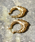 Modernist 14K Brushed Swirl Hoop Earrings, Puffed Yellow Gold Spiral Hoops, Estate Jewelry, 30mm - Good's Vintage