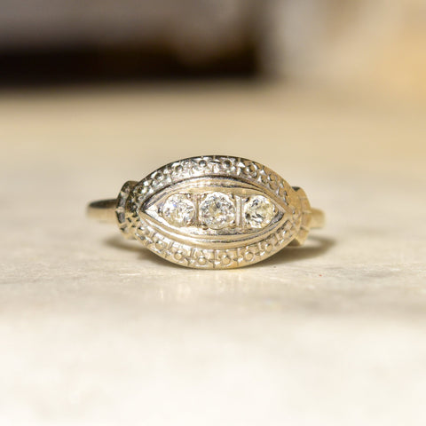 Art Deco 14K White Gold 3-Diamond Engagement Ring, Floral Repousse Design, Size 9 1/4 US - Good's Vintage