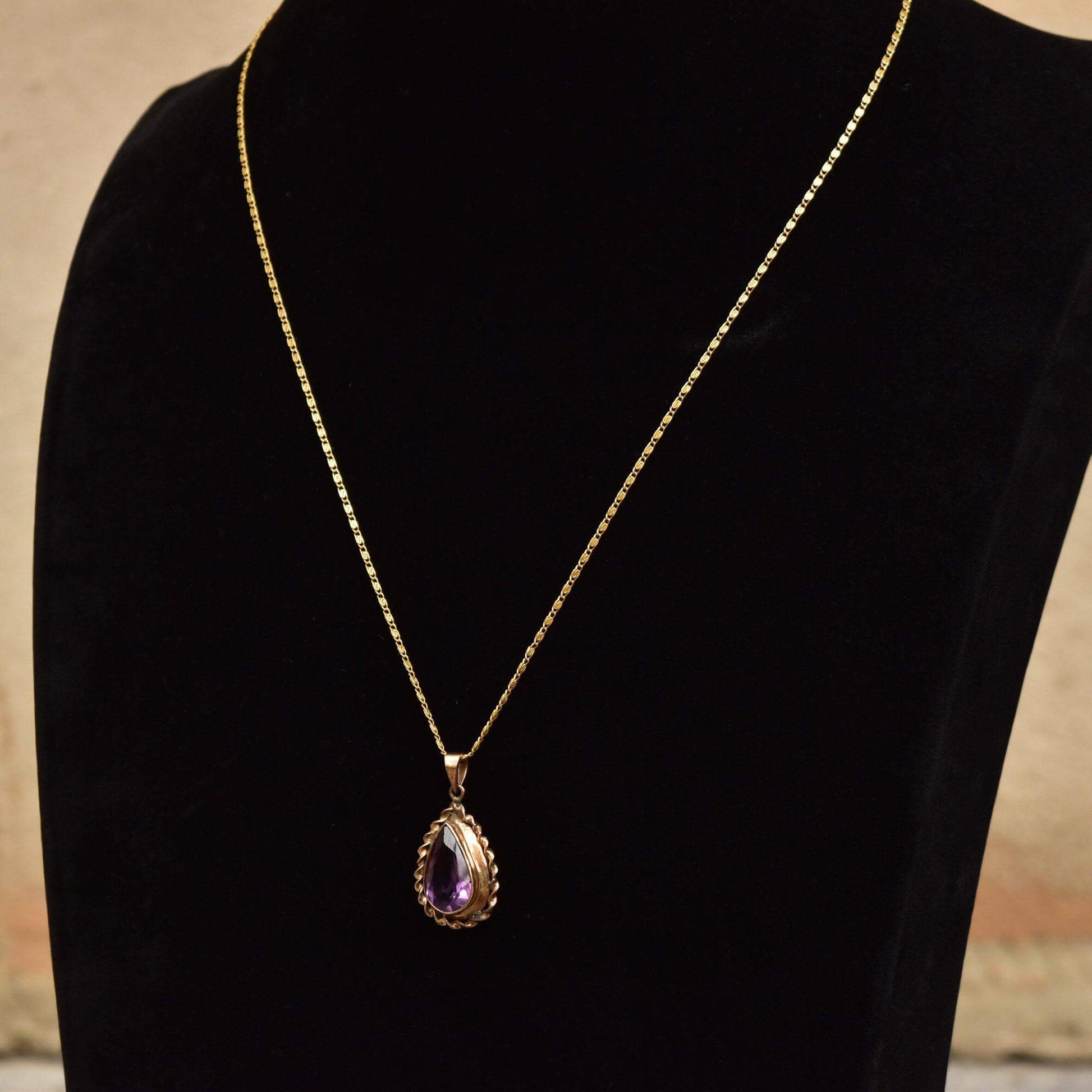 Estate 14K Amethyst Teardrop Pendant Necklace, Gold Ribbon Setting, Snail Link Chain, 18 1/4" - Good's Vintage