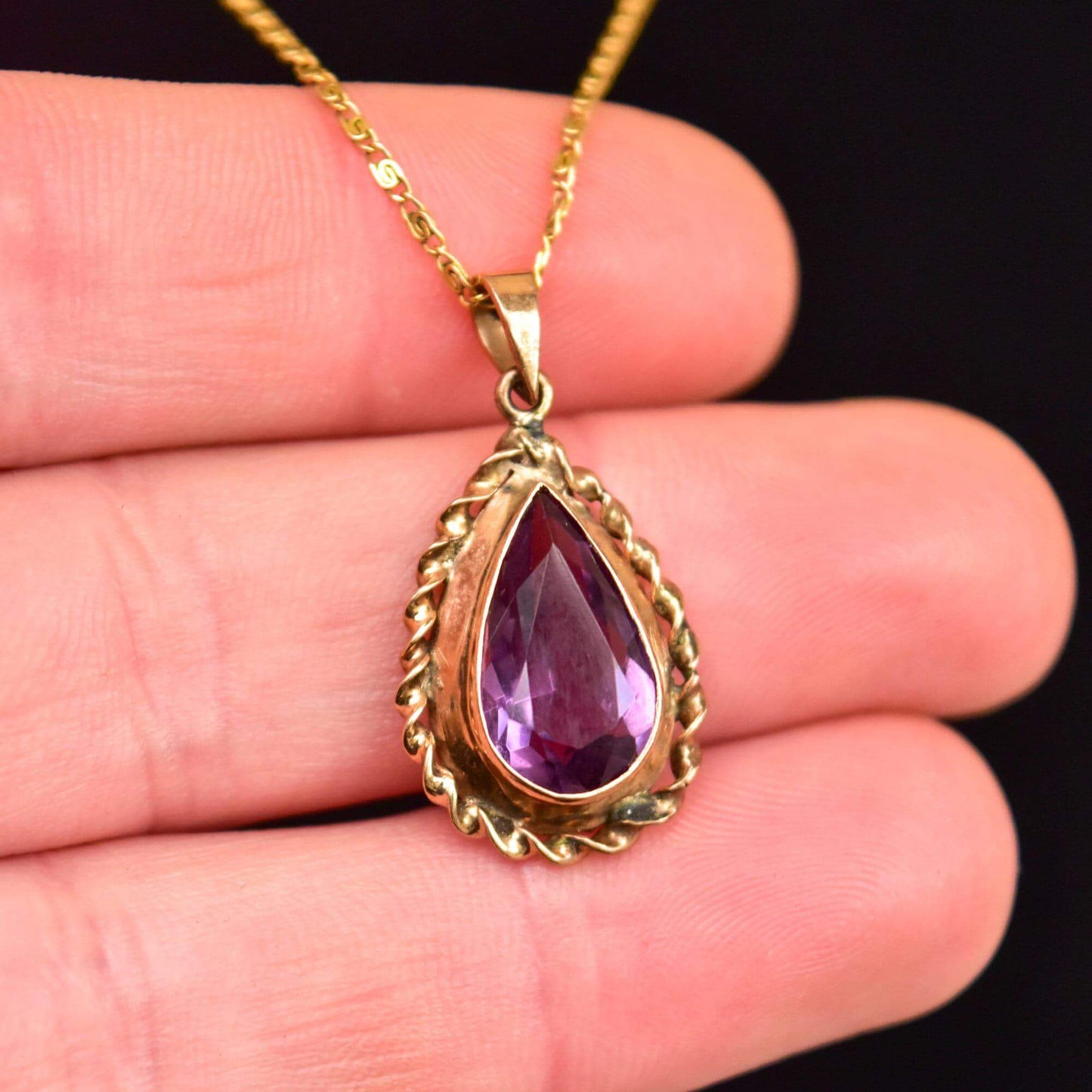 Estate 14K Amethyst Teardrop Pendant Necklace, Gold Ribbon Setting, Snail Link Chain, 18 1/4" - Good's Vintage