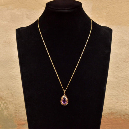 Estate 14K Amethyst Teardrop Pendant Necklace, Gold Ribbon Setting, Snail Link Chain, 18 1/4" - Good's Vintage