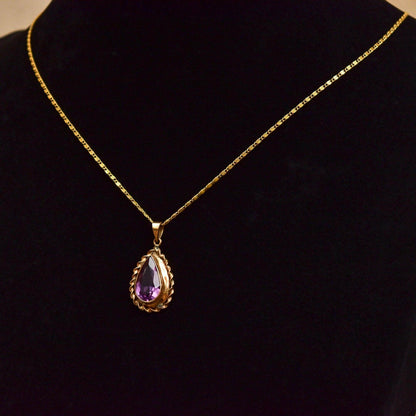 Estate 14K Amethyst Teardrop Pendant Necklace, Gold Ribbon Setting, Snail Link Chain, 18 1/4" - Good's Vintage