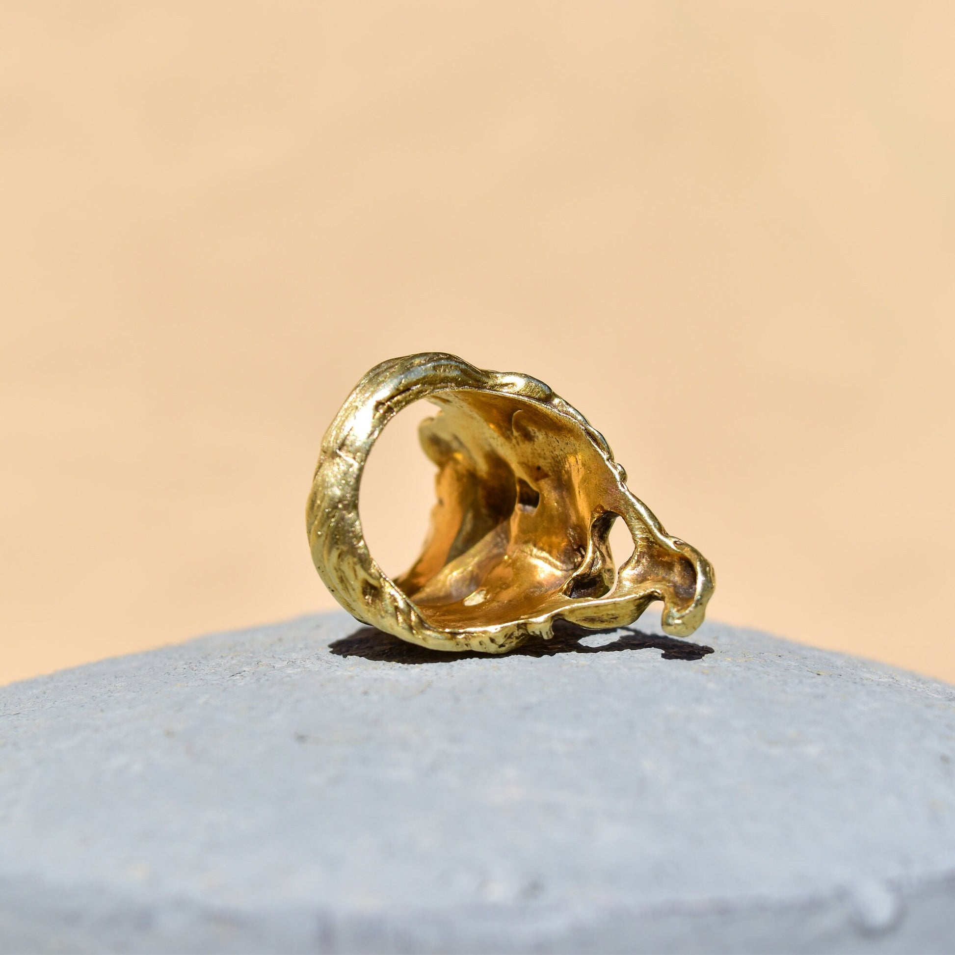 14K gold sculpted face ring with diamond eye, unique statement jewelry piece