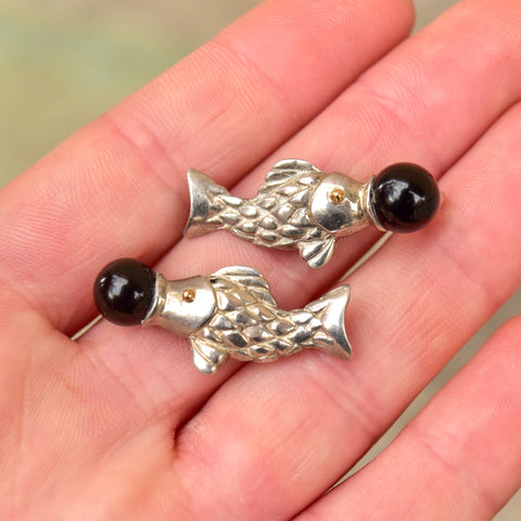 Tiffany & Co. Sterling Silver Onyx Ball Fish Stud Earrings, 18K Gold Accents, Vintage Designer Jewelry, 1 1/4" - Good's Vintage