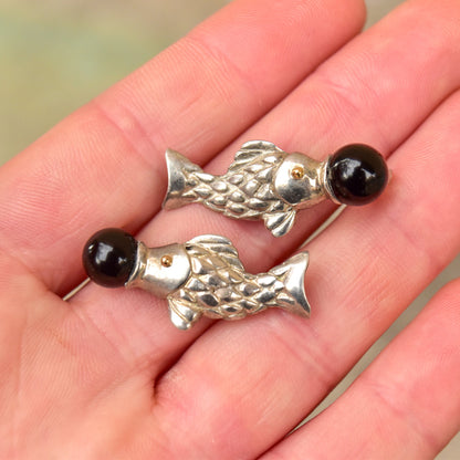 Tiffany & Co. Sterling Silver Onyx Ball Fish Stud Earrings, 18K Gold Accents, Vintage Designer Jewelry, 1 1/4"