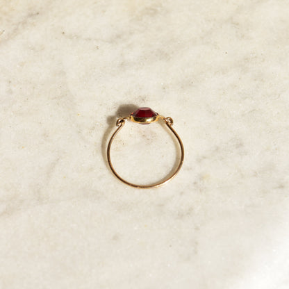 Minimalist 10K Ruby Swivel Ring, Yellow Gold Wire Band, Faceted Red Stone, Stacking Ring, Size 6 1/2 US