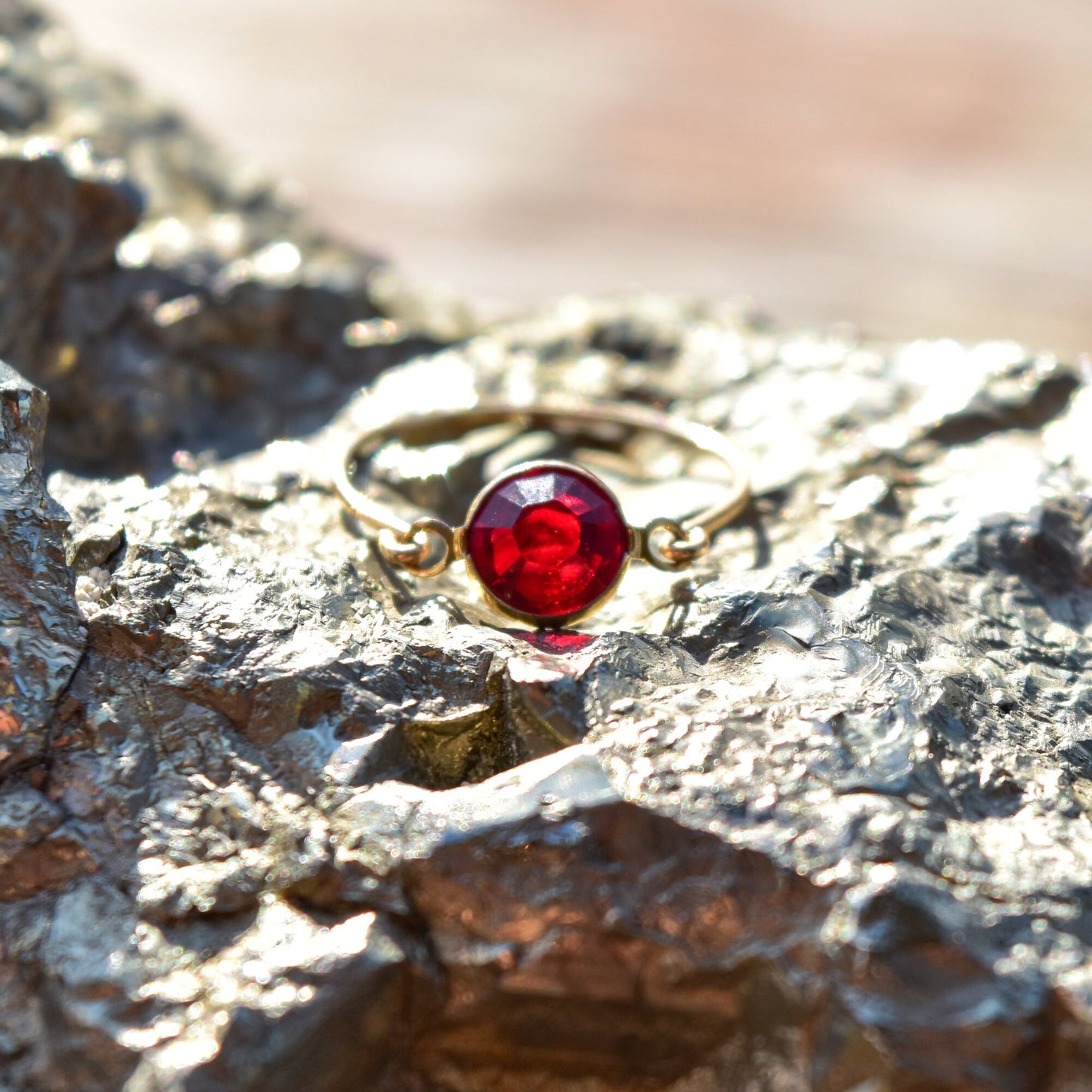 Minimalist 10K Ruby Swivel Ring, Yellow Gold Wire Band, Faceted Red Stone, Stacking Ring, Size 6 1/2 US