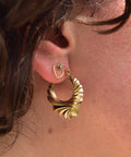Modernist 14K Brushed Swirl Hoop Earrings, Puffed Yellow Gold Spiral Hoops, Estate Jewelry, 30mm - Good's Vintage