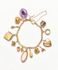 Unique 14K Charm Bracelet, Eclectic Gold Charms, Heart Locket & Cameo, 3mm Curb Link Chain, 7 1/2" L - Good's Vintage