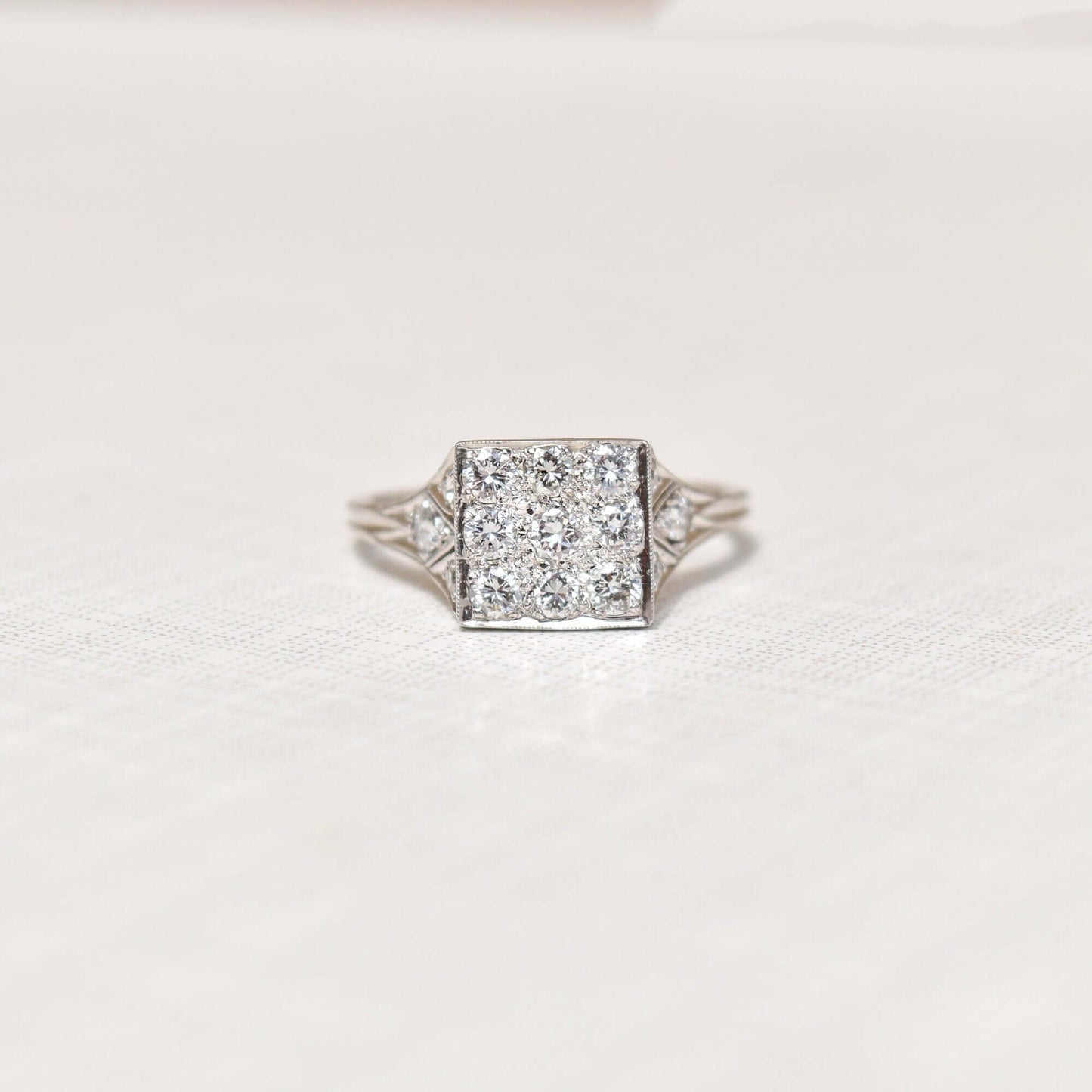 Edwardian Revival Platinum Diamond Grid Ring, .36 TCW, Square Cluster Ring, Estate Jewelry, Size 7 US - Good's Vintage