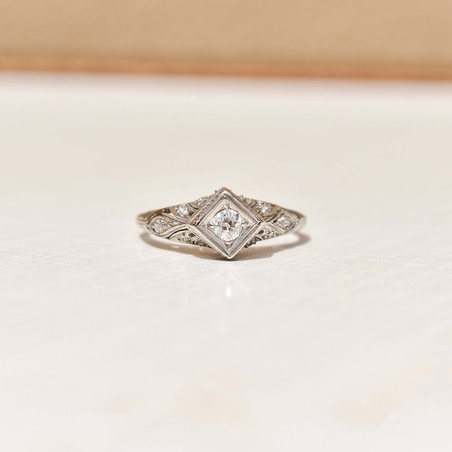 Edwardian Platinum Diamond Engagement Ring, Diamond Filigree Accents, Estate Jewelry, Size 10 US - Good's Vintage