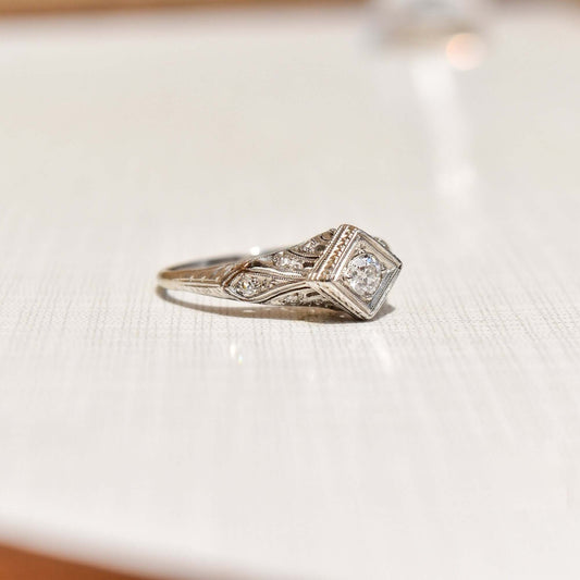 Edwardian Platinum Diamond Engagement Ring, Diamond Filigree Accents, Estate Jewelry, Size 10 US - Good's Vintage